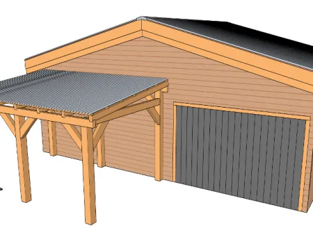 Abri-garage paracyclonique à deux pentes avec carport adossé : Variante 11C